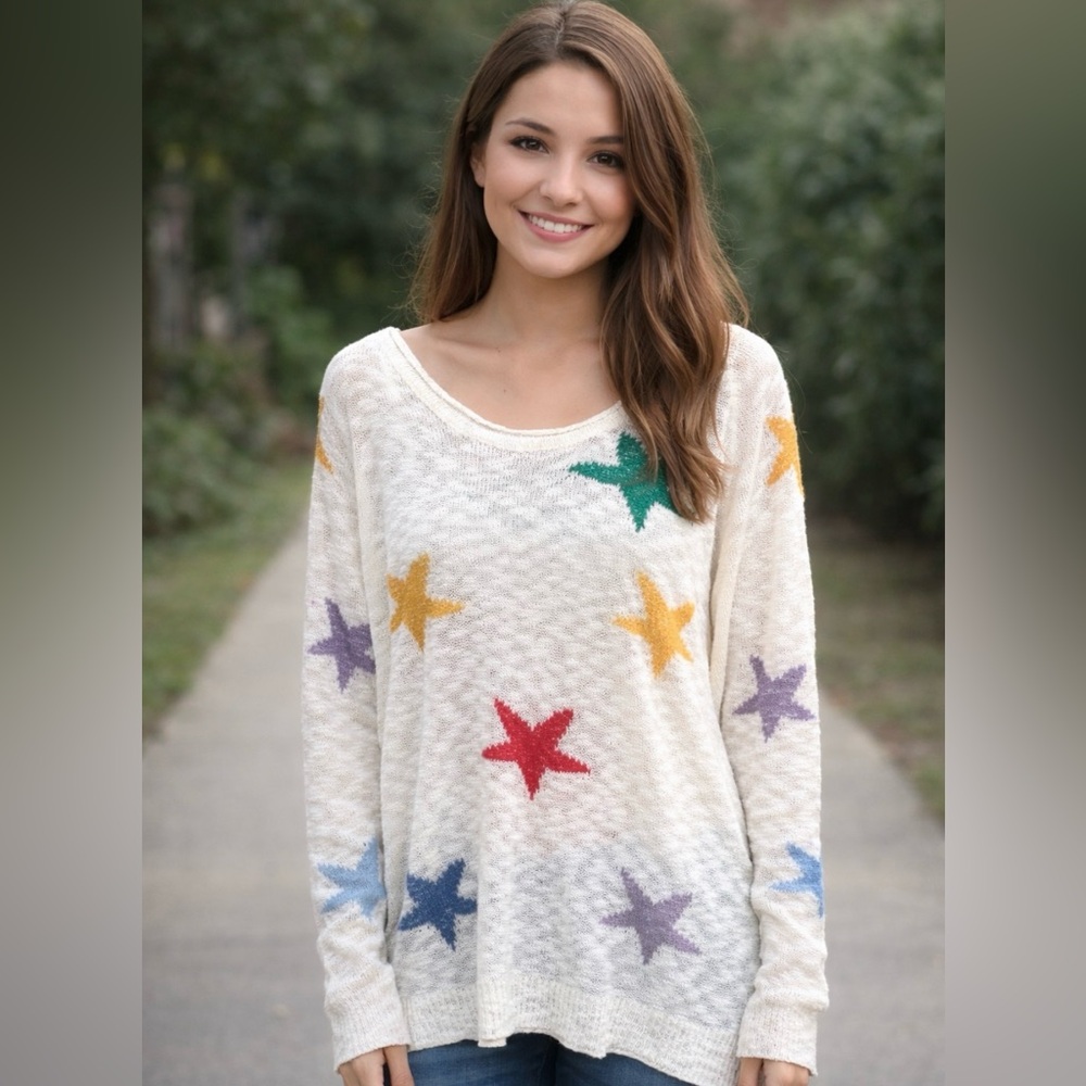 JODIFL White Sweater with Multicolor Star Accents NWOT